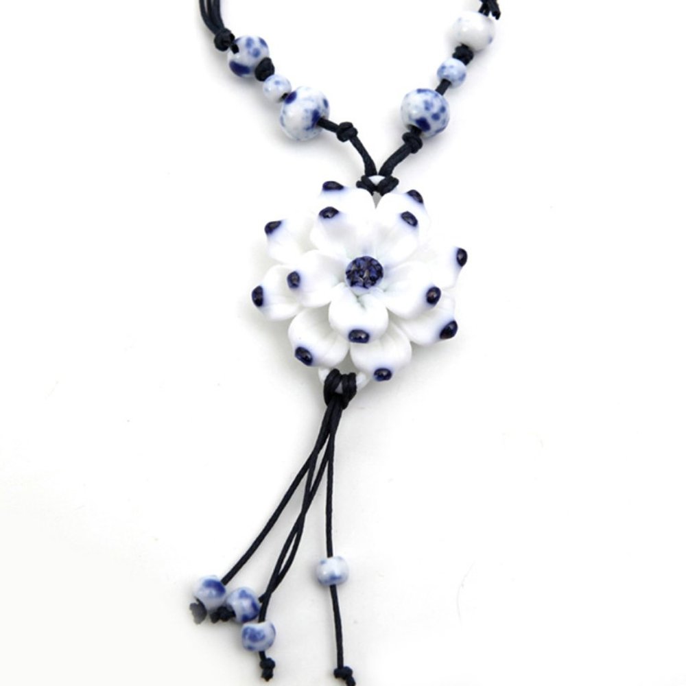 Ceramic Bead Charm Leaf Necklace BOHO Cord - Picture 2 of 9